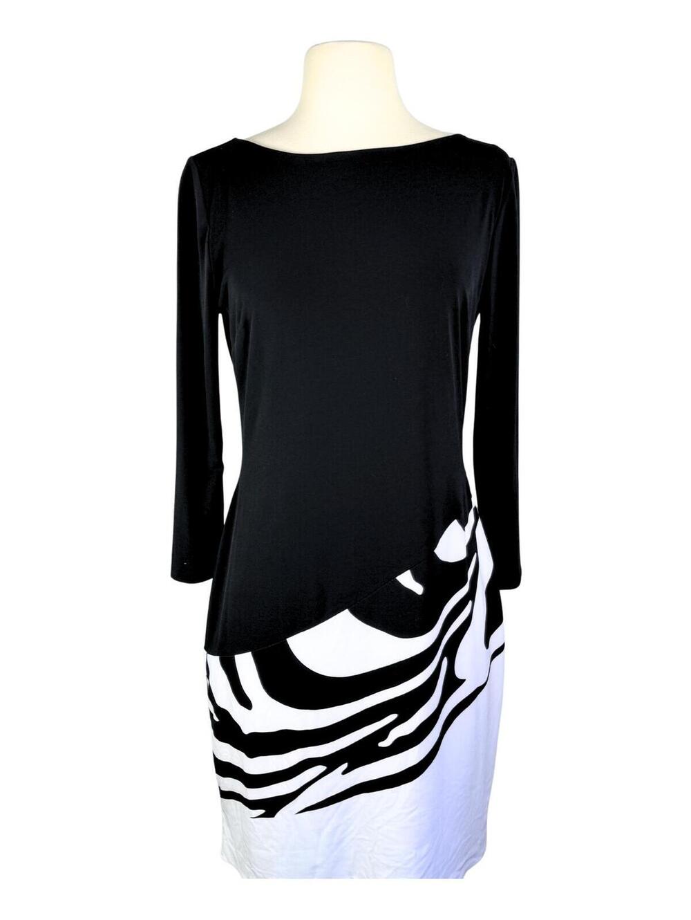 Cache Black White Zebra Print Faux Wrap Dress Size 6 Career Chic Stretch Midi